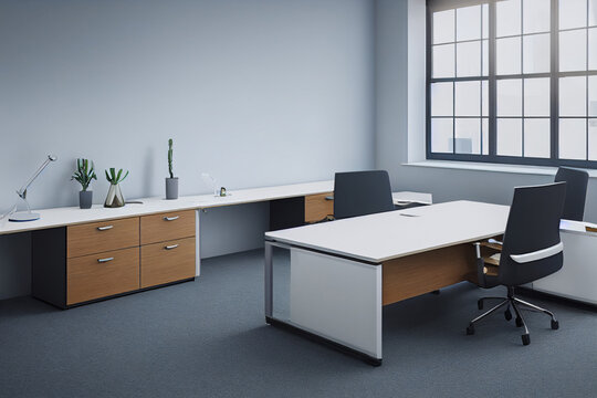 Office desk and chairs, blank wall with windows. Office space layout for employees 3d illustration
