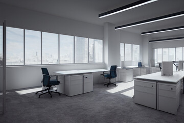 Open space in office, desks and chairs for employees, large windows in office interior 3d illustration

