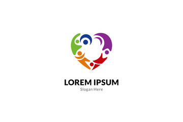 Childcare, charity community, heart with playful kids, people love and care logo vector