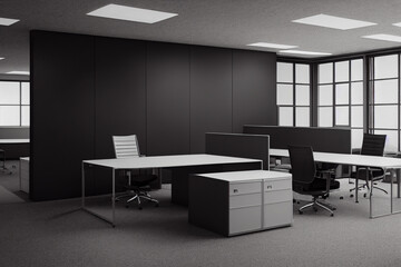 Black and white image of office office room, desks, chairs, furniture 3d illustration
