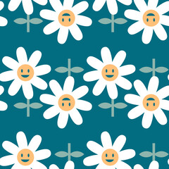 Retro daisy flowers with smiling faces seamless pattern. Floral print for tee, paper, fabric, textile. Groovy vector illustration for decor and design.