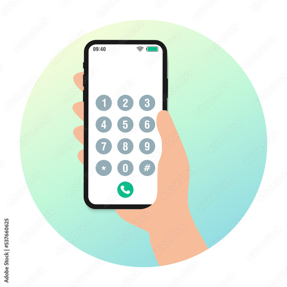 Poster hands with smartphone dialing. mobile touch screen phone with numbers pad, cellphone dial connection