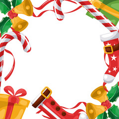 Frame with christmas decorations, santa claus hat, stocking, holly leaves, candy cane and gift boxes for merry christmas card on transparent background