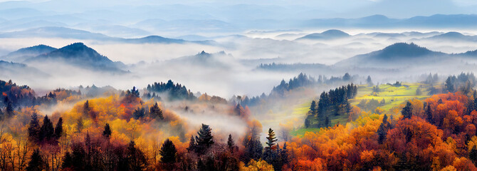 Beautiful panorama of autumn mountains. Morning fog in valley between mountain slopes. wonderful...