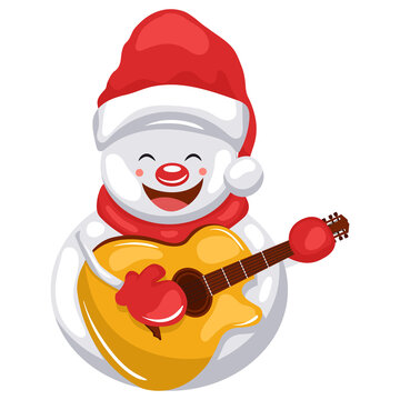 Snowman Playing Christmas Carol With Acoustic Guitar For Merry Christmas Card With Transparent Background