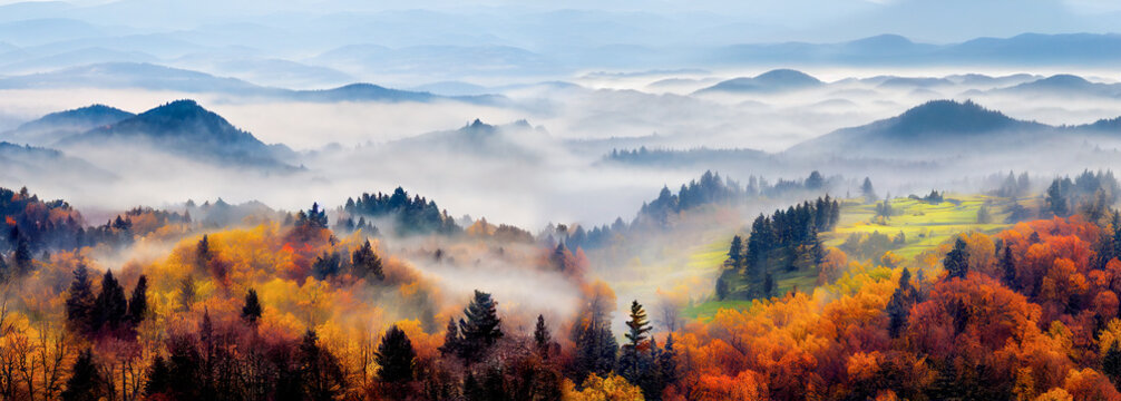 Beautiful panorama of autumn mountains. Morning fog in valley between mountain slopes. wonderful autumn landscape in mountains.  