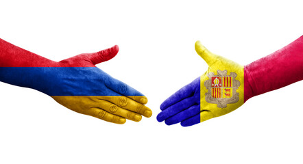 Handshake between Andorra and Armenia flags painted on hands, isolated transparent image.