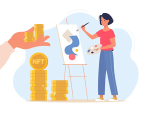 Girl artist paints pictures and sells non-fungible tokens for cryptocurrency. Buying a work of art online with bitcoins. Modern flat style vector illustration isolated on blue background