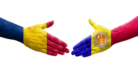 Handshake between Andorra and Chad flags painted on hands, isolated transparent image.