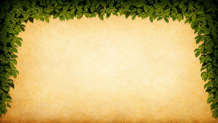 Tree leaves frame on an old parchment texture in horizontal format. Wallpaper. Digital illustration