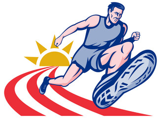 illustration Marathon runner on track with sunburst viewed from an extremely low angle.