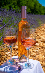 Lavender flowers fields in blossom near Valensole in Provence and glass and bottle of rose wine in sunny day, summer vacation in Provence, France