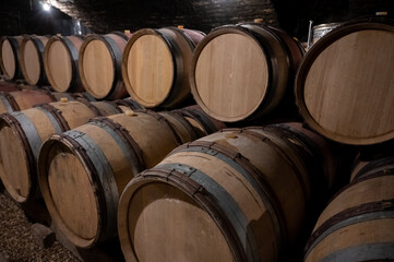 Stages of wine production from fermentation to bottling, visit to wine cellars in Burgundy, France. Aging in wooden barrels.