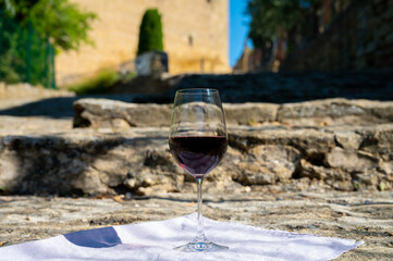 Glass of red dry wine and ruins of medieval castle of Châteauneuf-du-Pape ancient wine making village in France