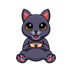 Cute chartreux cat cartoon holding food bowl