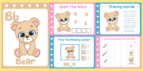 worksheets pack for kids with bear vector. children's study book