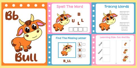 worksheets pack for kids with bull vector. children's study book