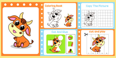 worksheets pack for kids with bull vector. children's study book