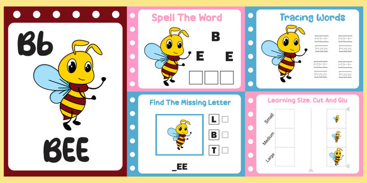 worksheets pack for kids with bee vector. children's study book