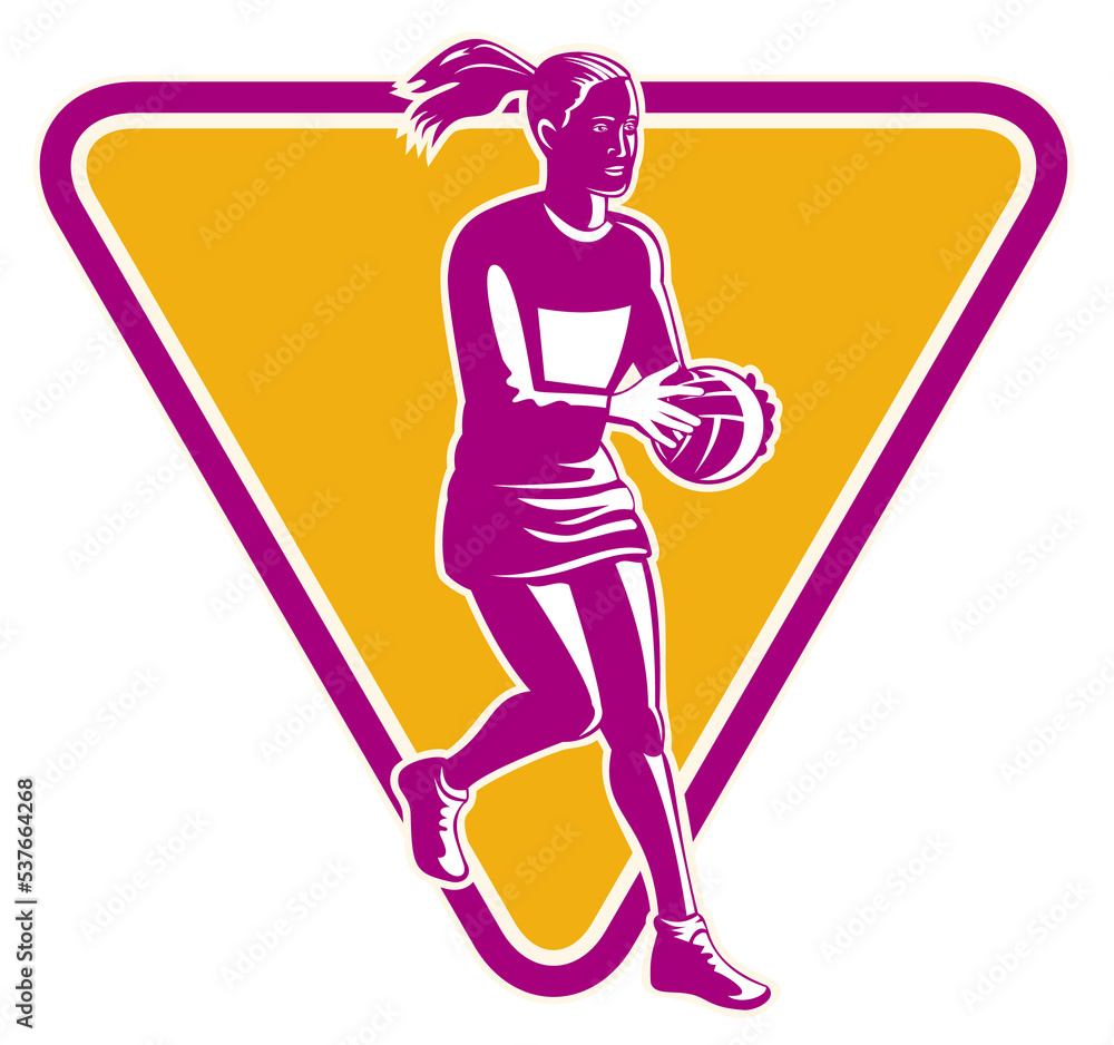Poster illustration of a netball player ready to pass ball with shield or triangle in the background