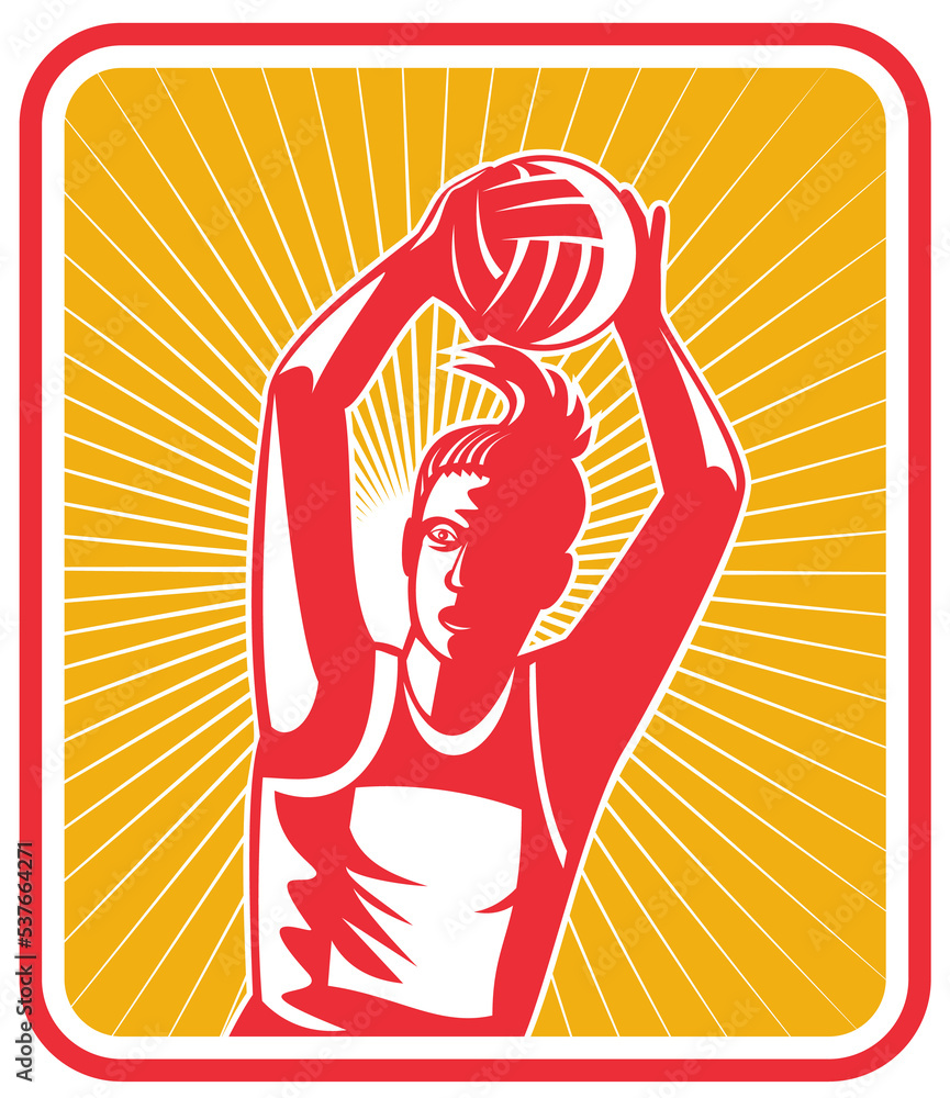 Poster illustration of a netball player ready to pass ball with shield or triangle in the background