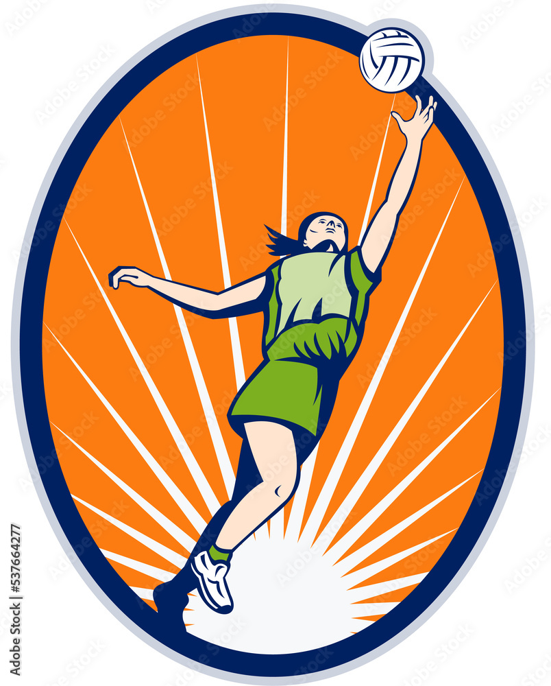 Poster illustration of a netball player reboundng jumping for ball set inside an oval with sunburst in back