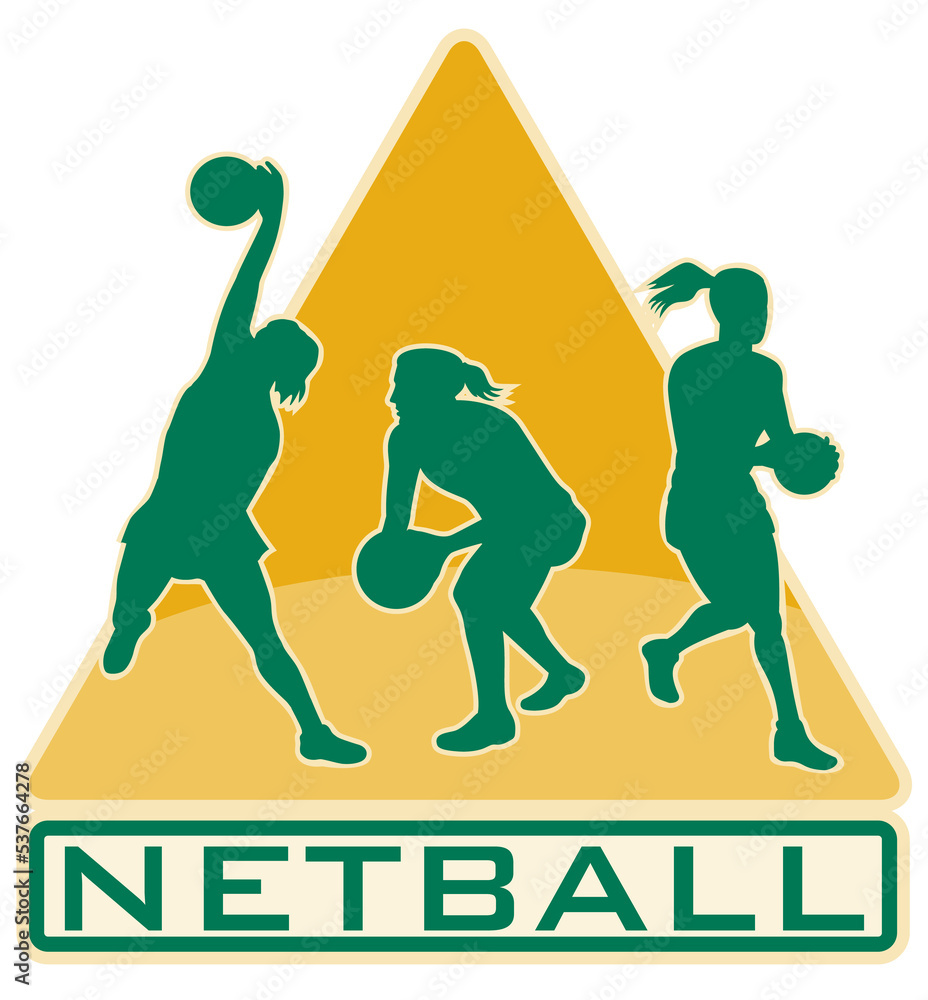 Poster illustration of a netball player catching jumping passing ball with shield or triangle in the backgr