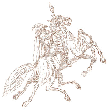 illustration of the Norse God Odin riding eight-legged horse, Sleipner in the wild hunt. Hand sketched and drawn.
