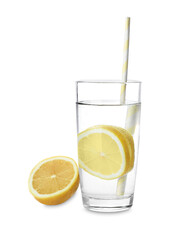 Glass with water and sliced lemon on white background