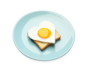 Plate with tasty fried egg in shape of heart and toast isolated on white