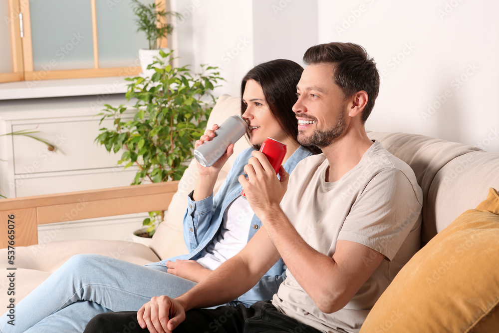 Poster Happy couple drinking beverages on sofa indoors