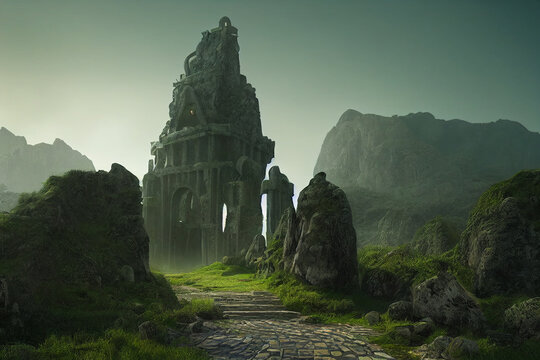 Fantasy ruins or gate with a fantastic scenery and monastery behind the occlusion setting dwarfs high fantasy earth castle ruins