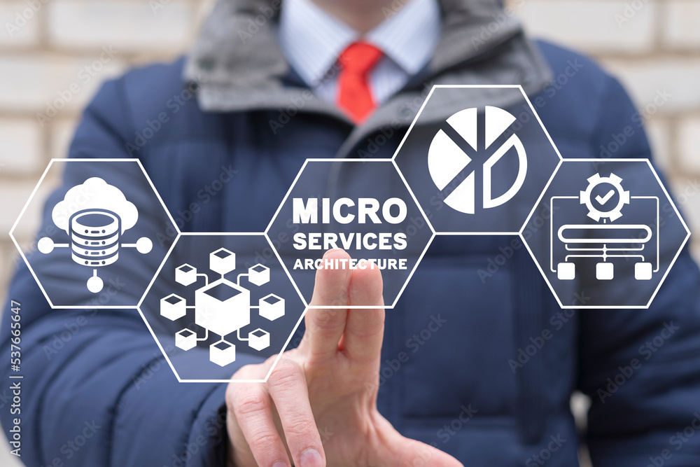 Poster businessman using virtual touchscreen clicks inscription: microservices architecture. microservice a