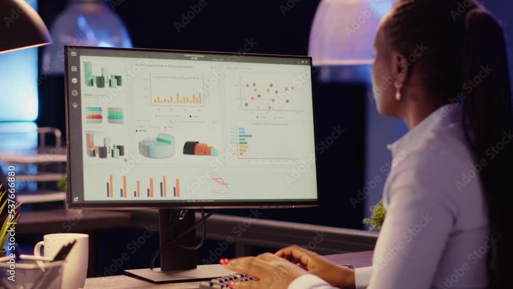 Poster executive manager planning web presentation with charts on computer monitor, working late at night o