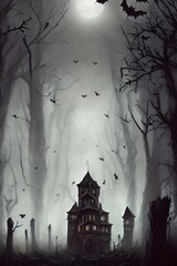 Fototapeta premium I am standing in front of a Halloween scary castle. It is dark and spooky, with bats flying around it. There are jack-o-lanterns lining the path to the door. I am feeling scared just looking