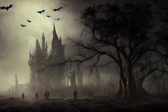 There is a huge, spooky castle in the background of the picture and it is surrounded by dark trees. In the foreground, there are three children dressed up in Halloween costumes. They look scared and l