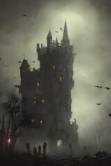 Fototapeta premium The Halloween scary castle is a large, dark building made of stone. It has an eerie feeling to it, and looks like it would be the perfect place for a horror movie.