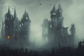 The Halloween castle is intense and gothic. It's spooky towers reach up into the dark night, while ghostly bats fly around it. A wrought iron gate stands open inviting trick-or-treaters in,