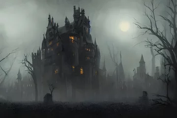 Foto op Canvas The Halloween scary castle is a very old, dark and spooky place. It has been abandoned for many years and now only the ghosts live there. on All Hallow's Eve the ghosts come out to haunt anyone who da © dreamyart