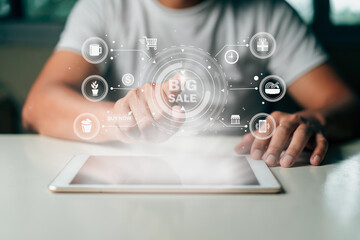 Man using Tablet for online shopping on virtual screen find products on sale. Concept shopping, e-commerce, internet banking, spending money, purchase product.