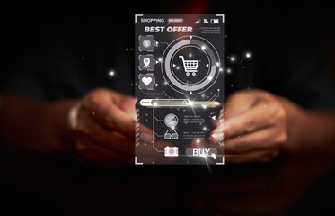 Man using smartphone for online shopping on virtual screen find products on sale. Concept shopping, e-commerce, internet banking, spending money, purchase product.
