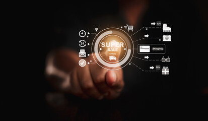 Man Shopping Online on virtual screen and find products on sale. Concept shopping, e-commerce, internet banking, spending money, purchase product.