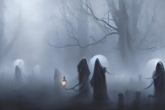 A group of ghosts are gathered around a Jack-o'-lantern, laughing and joking with each other. They all look happy and excited for the upcoming holiday.