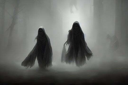 In the picture, there are three ghosts. They look like they're made out of sheets or something. Two of them have their arms stretched outwards and one has its arms crossed in front of its chest. They'