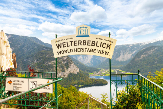 General view of the entrance sign to the Welterbeblick World Heritage View skywalk above the village and lake at Hallstatt, Austria, on September 23 2022.
