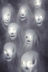A group of Halloween ghosts are floating in the air. They have long, white sheets draped over their bodies. Their eyes are black and sinister. They look like they're ready to scare anyone who crosses  - obrazy, fototapety, plakaty