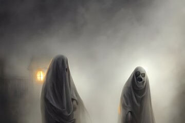 The black, spooky ghosts are floating around in the air on Halloween night. They have white, eerie eyes that seem to be following you wherever you go. Their long, thin arms stretch out towards you as  - obrazy, fototapety, plakaty