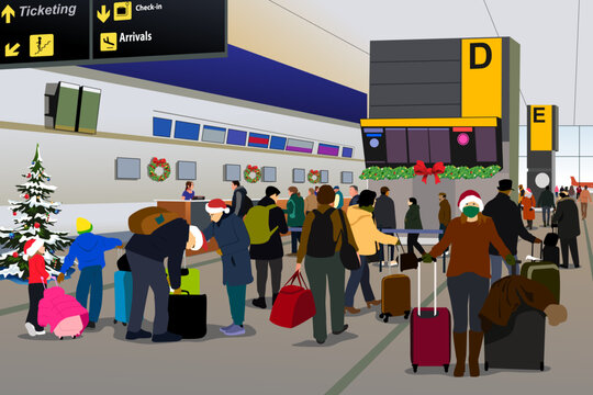 Airport Scene During Holiday Season Travel Vector Illustration