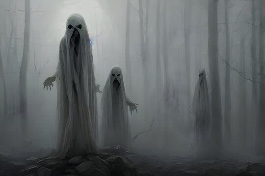 I see Halloween scary ghosts in the picture. They are white and have black eyes. Their mouths are open as if they are screaming.