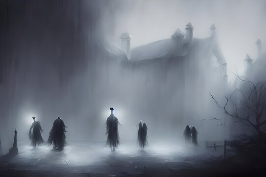 In the picture, there are three ghosts floating in front of a dark castle. The ghosts are white and translucent, with spooky eyes and mouths. They look like they're ready to haunt someone!